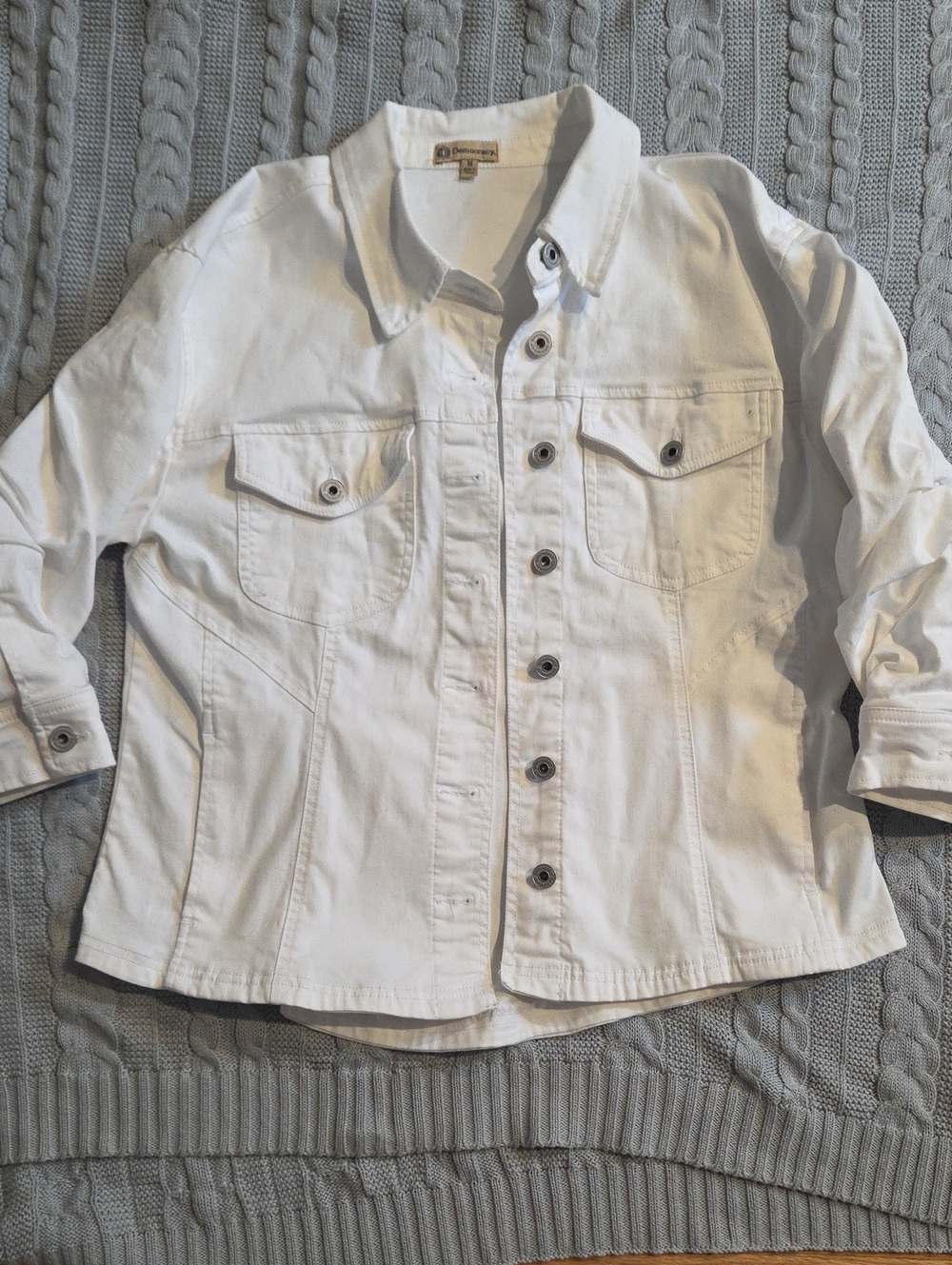 Democracy 3/4 Ruched Sleeve Button Up White Denim Jacket Top Optic White Medium - Picture 2 of 8